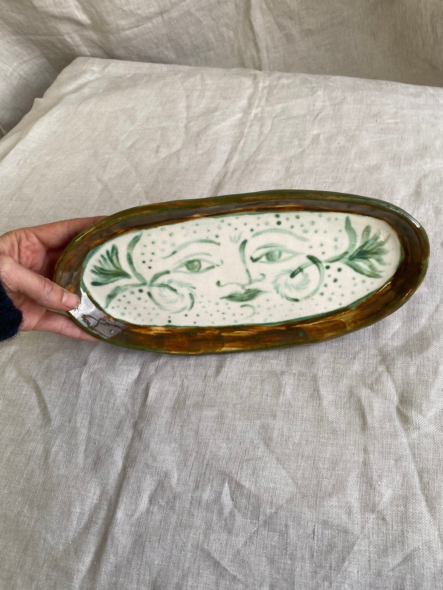 Bloom Oval Plate in Green, White  and Brown
