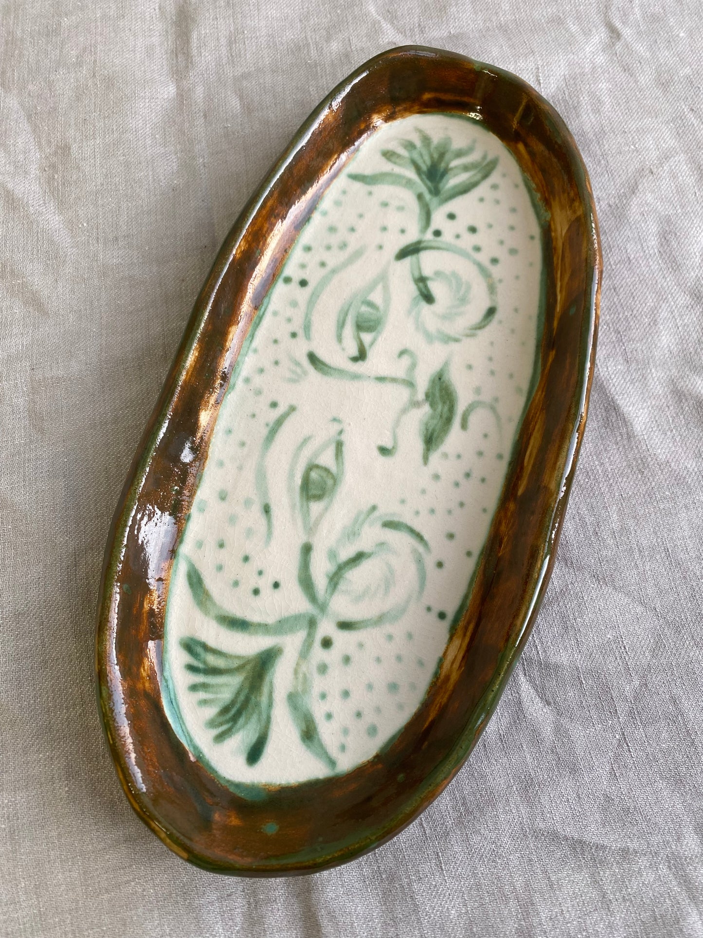 Bloom Oval Plate in Green, White  and Brown