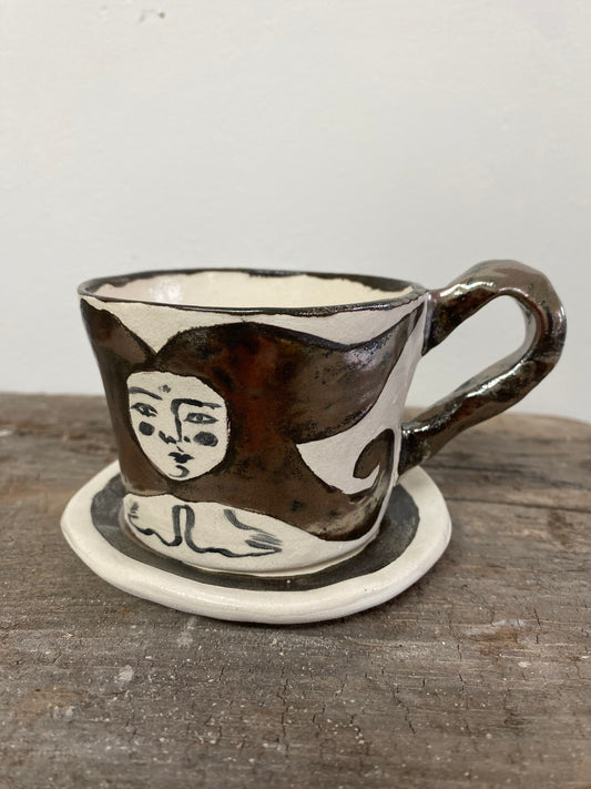 Angel in Chrome and White - Medium Coffee Cup & Saucer